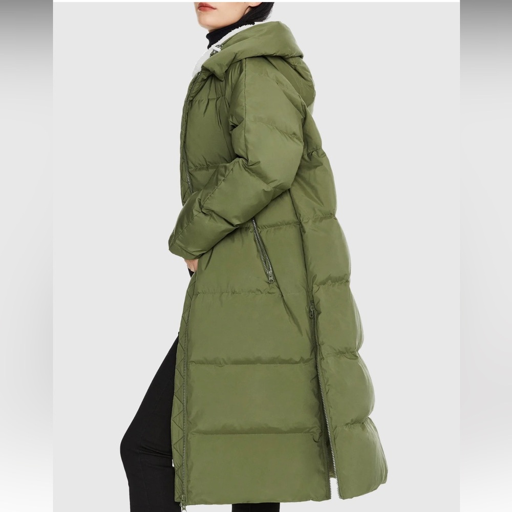 Orolay Long Puffer Down Jacket with Hem Slit in Peat Moss Size Small